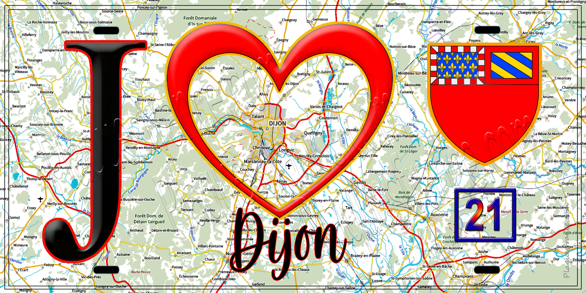 Plaque métal décorative  J' ❤️ Dijon, Côte d'Or (21) fond carte