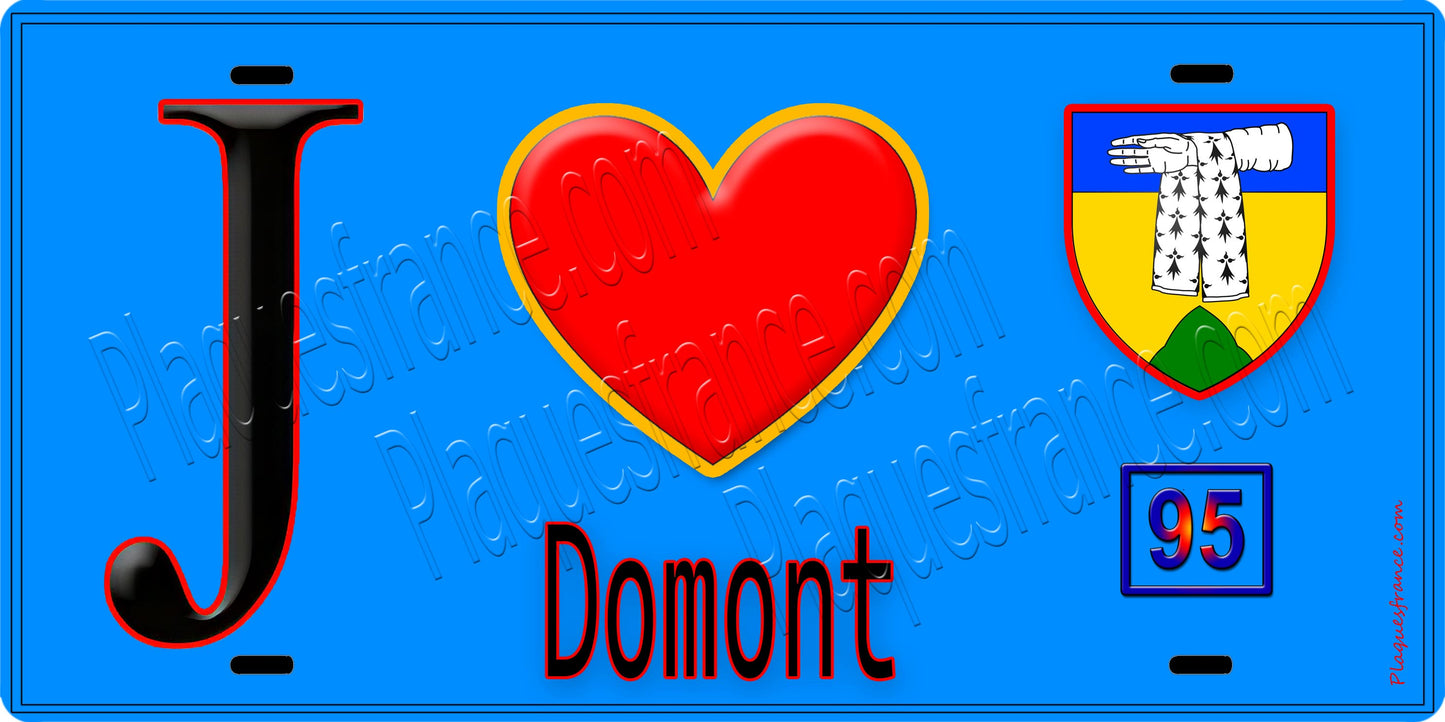 Plaque métal décorative  J' ❤️Domont, Val d'Oise (95) fond bleu