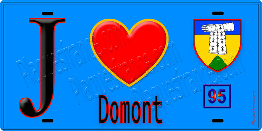 Plaque métal décorative  J' ❤️Domont, Val d'Oise (95) fond bleu