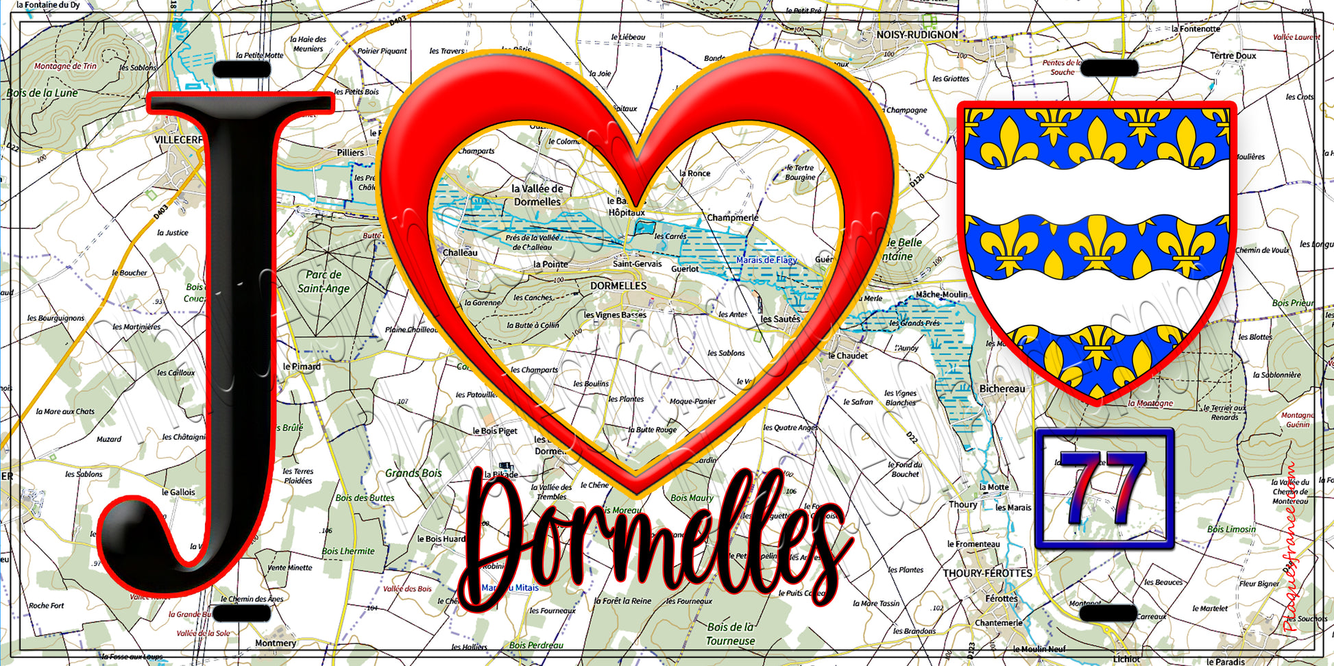 Plaque métal décorative  J' ❤️Dormelles, Seine et Marne (77) fond carte