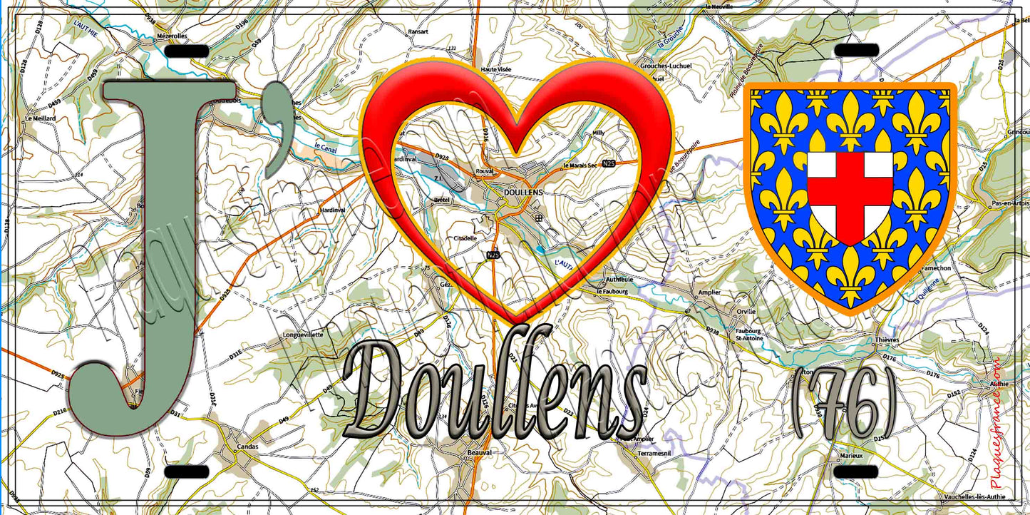 Plaque métal décorative 15X30 J' ❤️ Doullens, Somme (80) géo