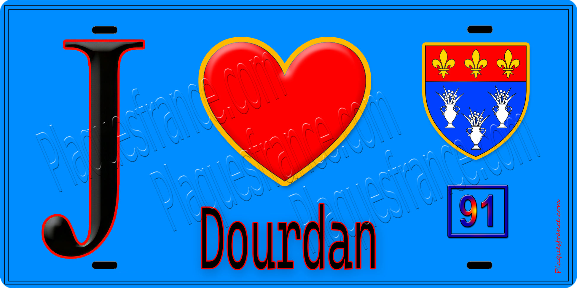 Plaque métal décorative  J' ❤️Dourdan, Essonne (91) fond bleu