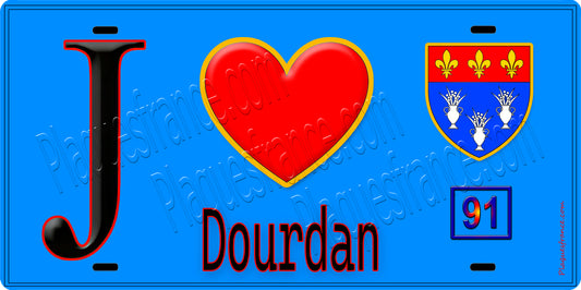 Plaque métal décorative  J' ❤️Dourdan, Essonne (91) fond bleu