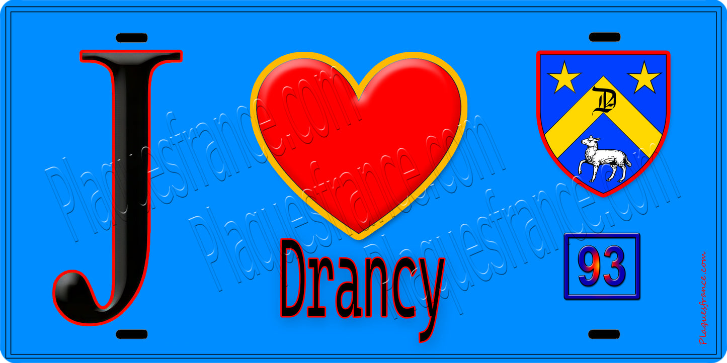 Plaque métal décorative  J' ❤️Drancy, Seine Saint Denis (93) fond bleu