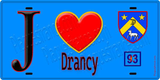 Plaque métal décorative  J' ❤️Drancy, Seine Saint Denis (93) fond bleu