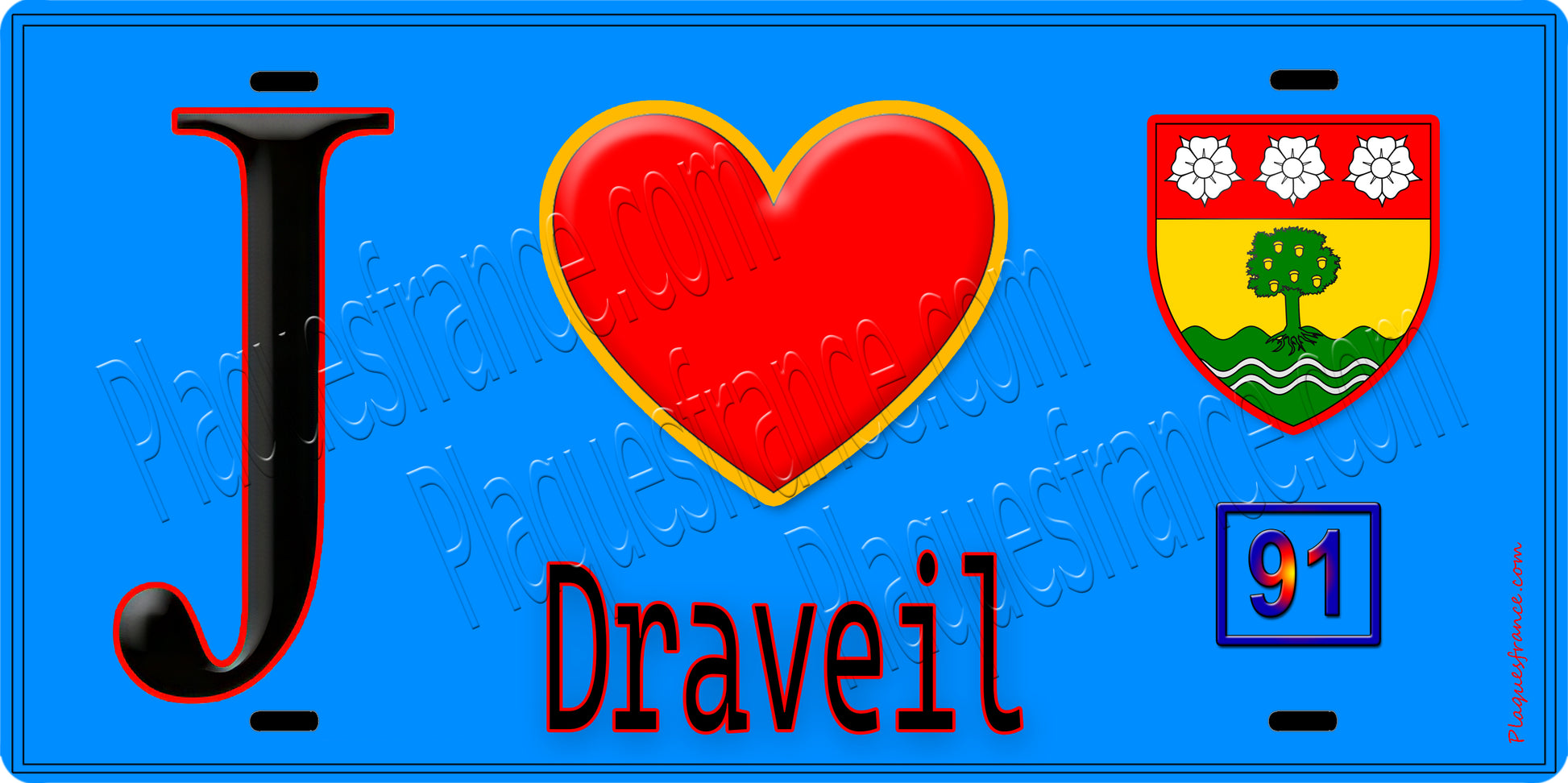 Plaque métal décorative  J' ❤️Draveil, Essonne (91) fond bleu