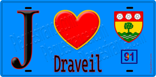 Plaque métal décorative  J' ❤️Draveil, Essonne (91) fond bleu