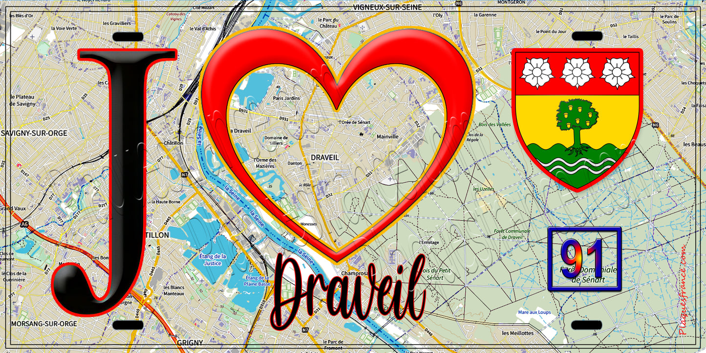 Plaque métal décorative  J' ❤️Draveil, Essonne (91) fond carte