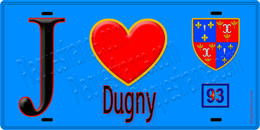 Plaque métal décorative  J' ❤️Dugny, Seine Saint Denis (93) fond bleu