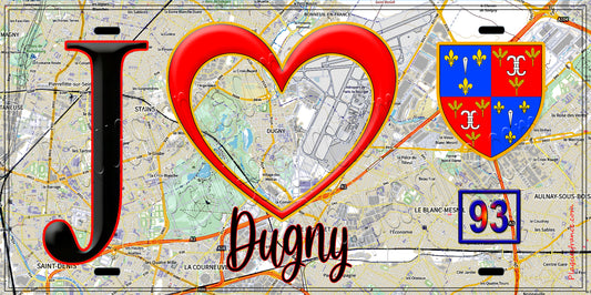 Plaque métal décorative  J' ❤️Dugny, Seine Saint Denis (93) fond cate
