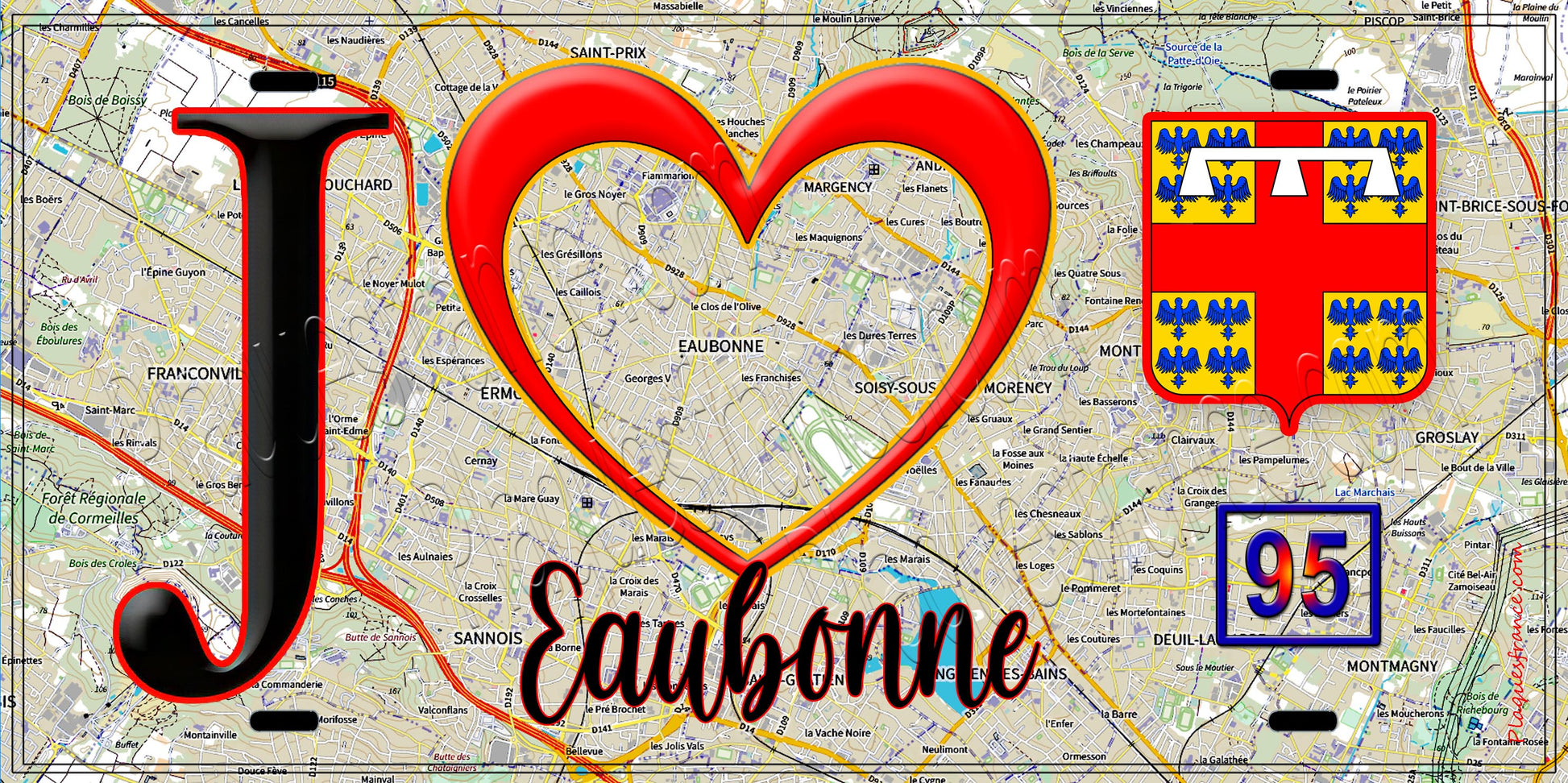 Plaque métal décorative  J' ❤️Eaubonne, Val d'Oise (95) fond carte