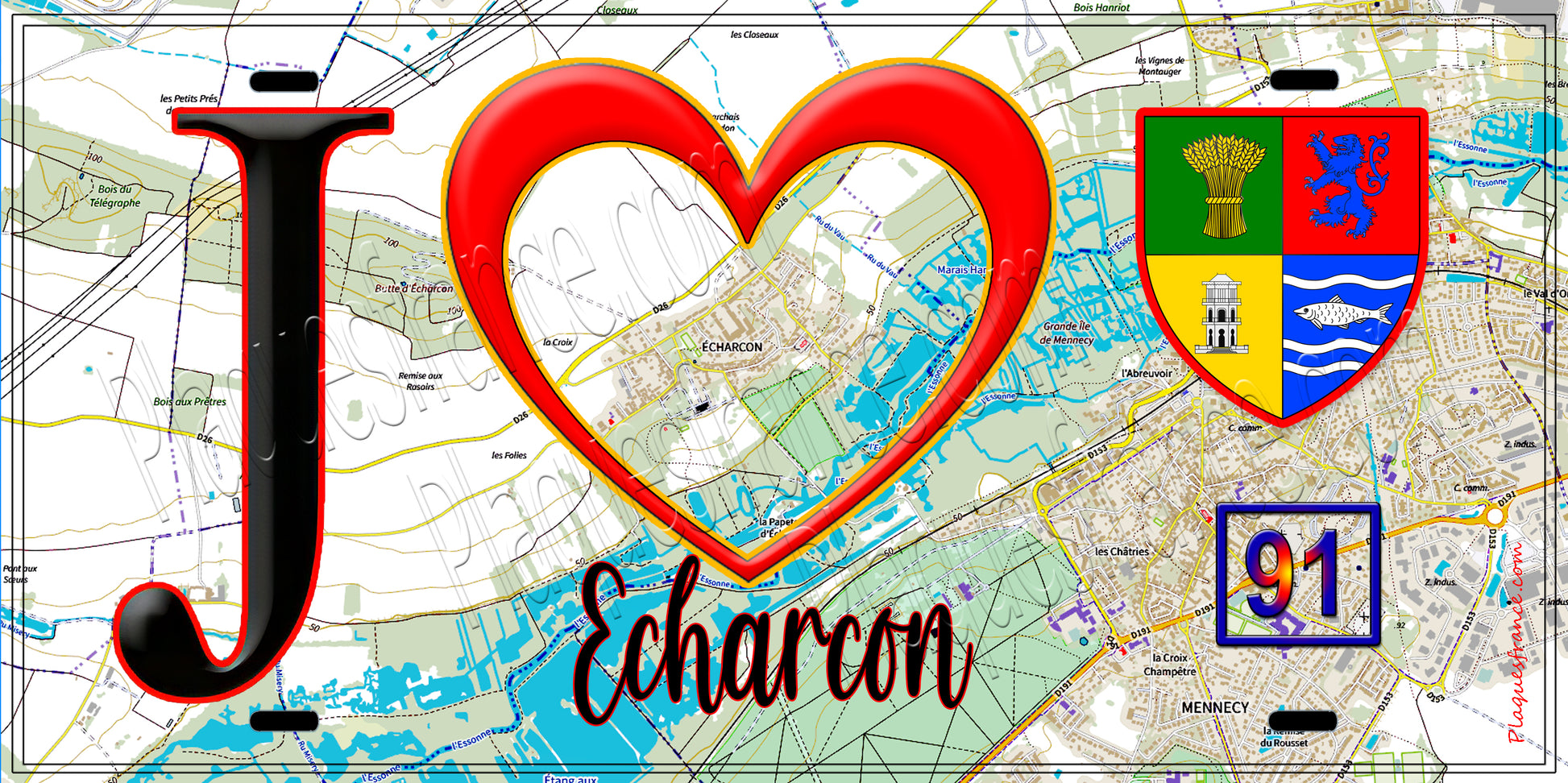 Plaque métal décorative  J' ❤️Écharcon, Essonne (91) fond carte