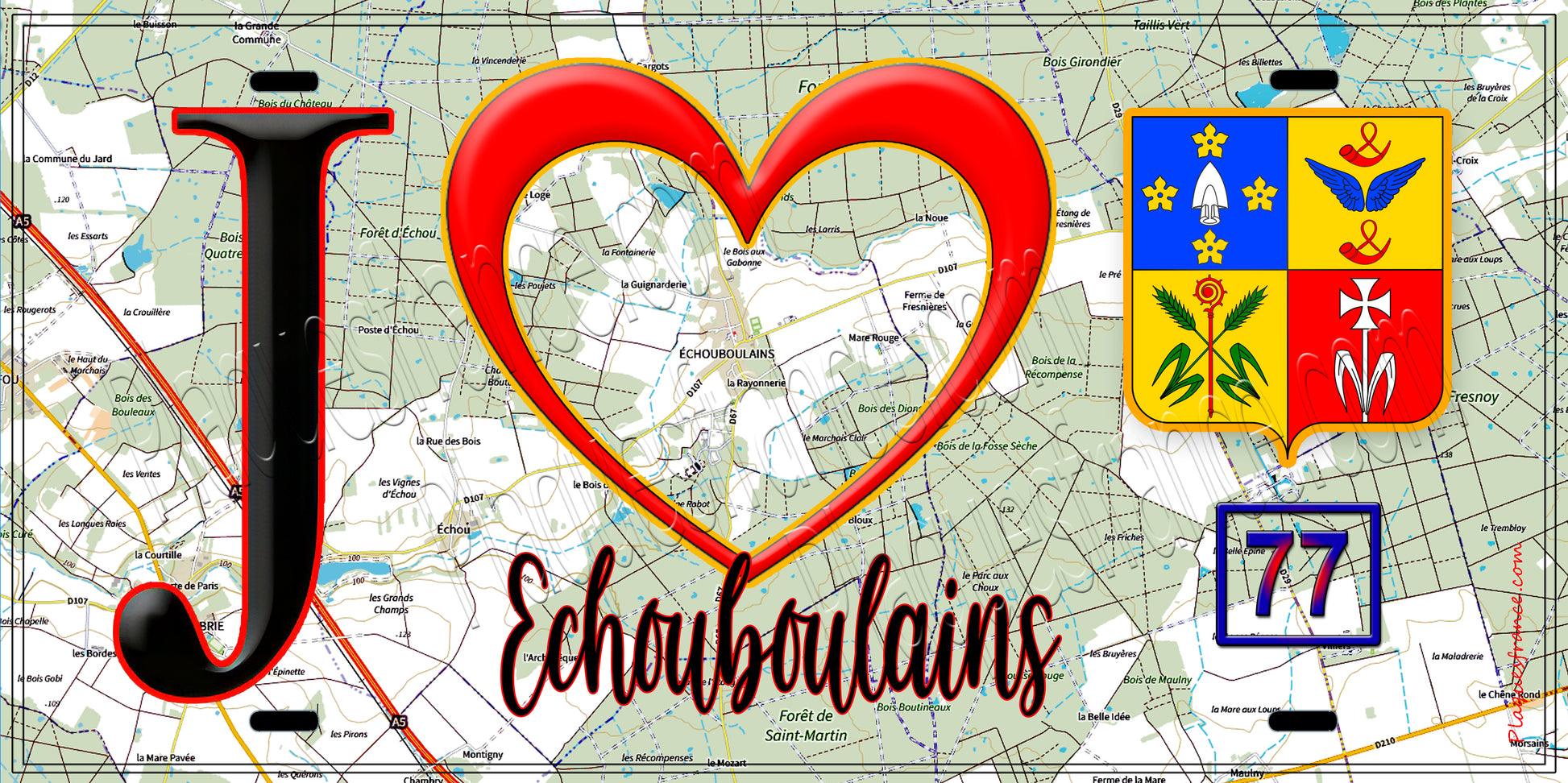 Plaque métal décorative  J' ❤️Échouboulains, Seine et Marne (77) fond carte