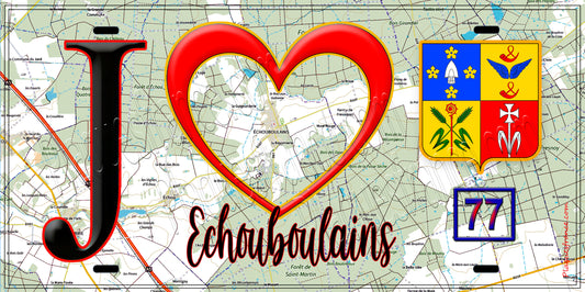 Plaque métal décorative  J' ❤️Échouboulains, Seine et Marne (77) fond carte