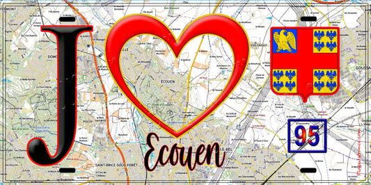 Plaque métal décorative  J' ❤️Écouen, Val d'Oise (95) fond carte