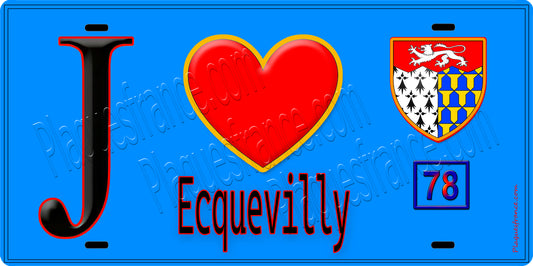 Plaque métal décorative  J' ❤️ Ecquevilly, Yvelines (78) fond bleu