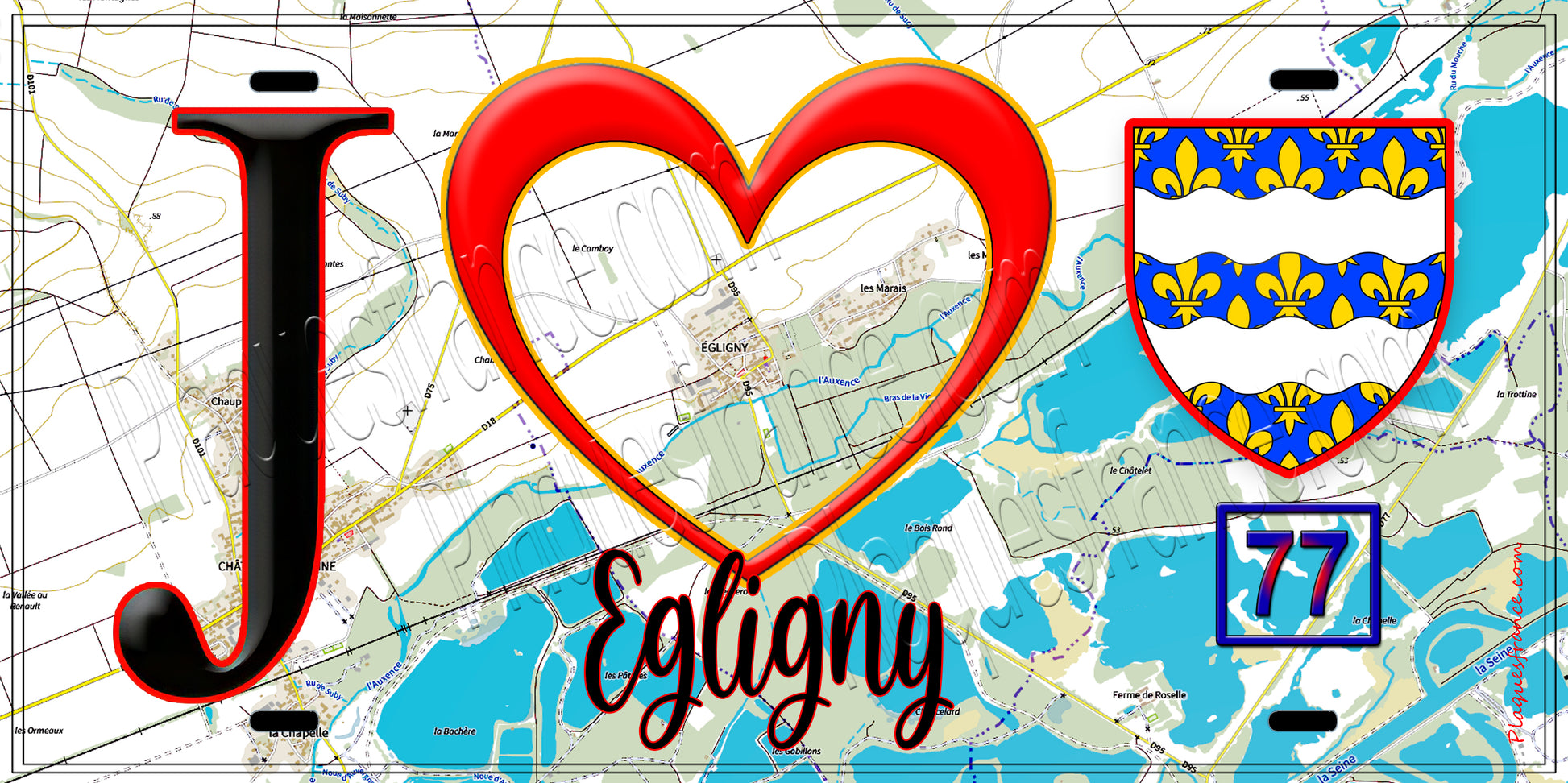 Plaque métal décorative  J' ❤️Égligny, Seine et Marne (77) fond carte