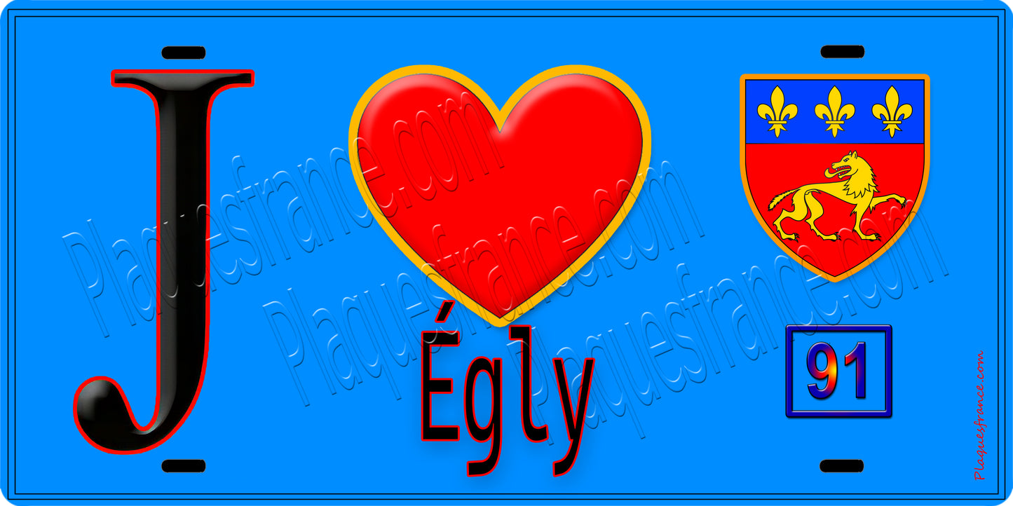 Plaque métal décorative  J' ❤️Égly, Essonne (91) fond bleu