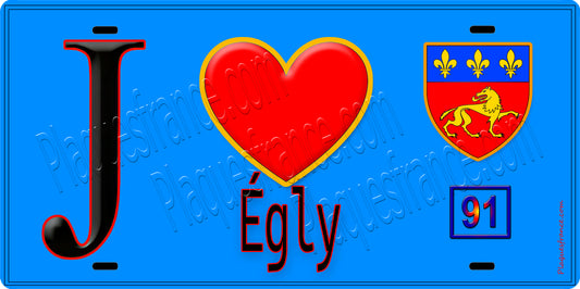 Plaque métal décorative  J' ❤️Égly, Essonne (91) fond bleu