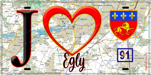 Plaque métal décorative  J' ❤️Égly, Essonne (91) fond carte