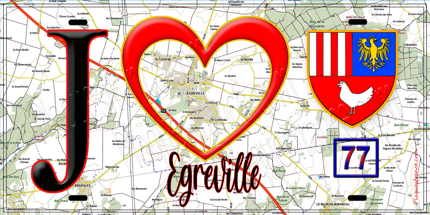 Plaque métal décorative  J' ❤️Égreville, Seine et Marne (77) fond carte