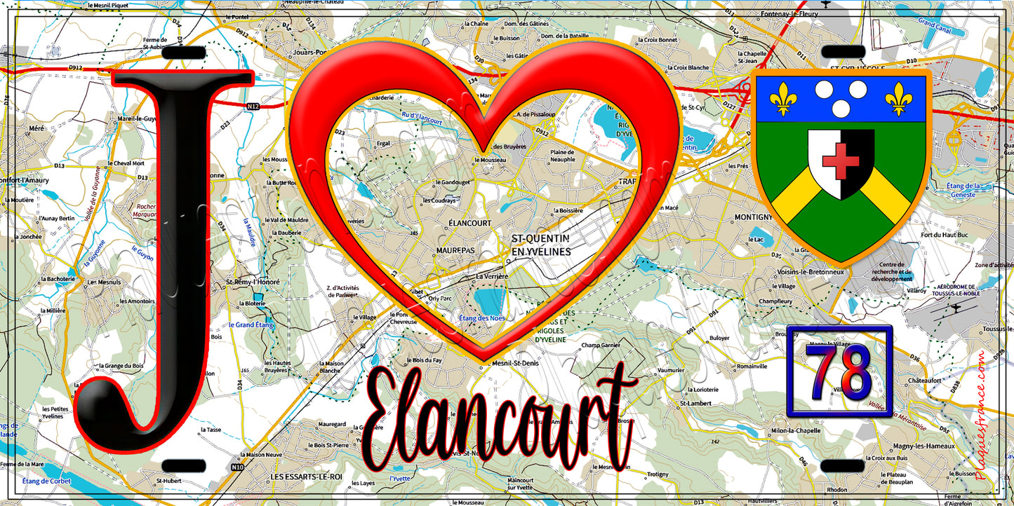 Plaque métal décorative  J' ❤️ Élancourt, Yvelines (78) carte