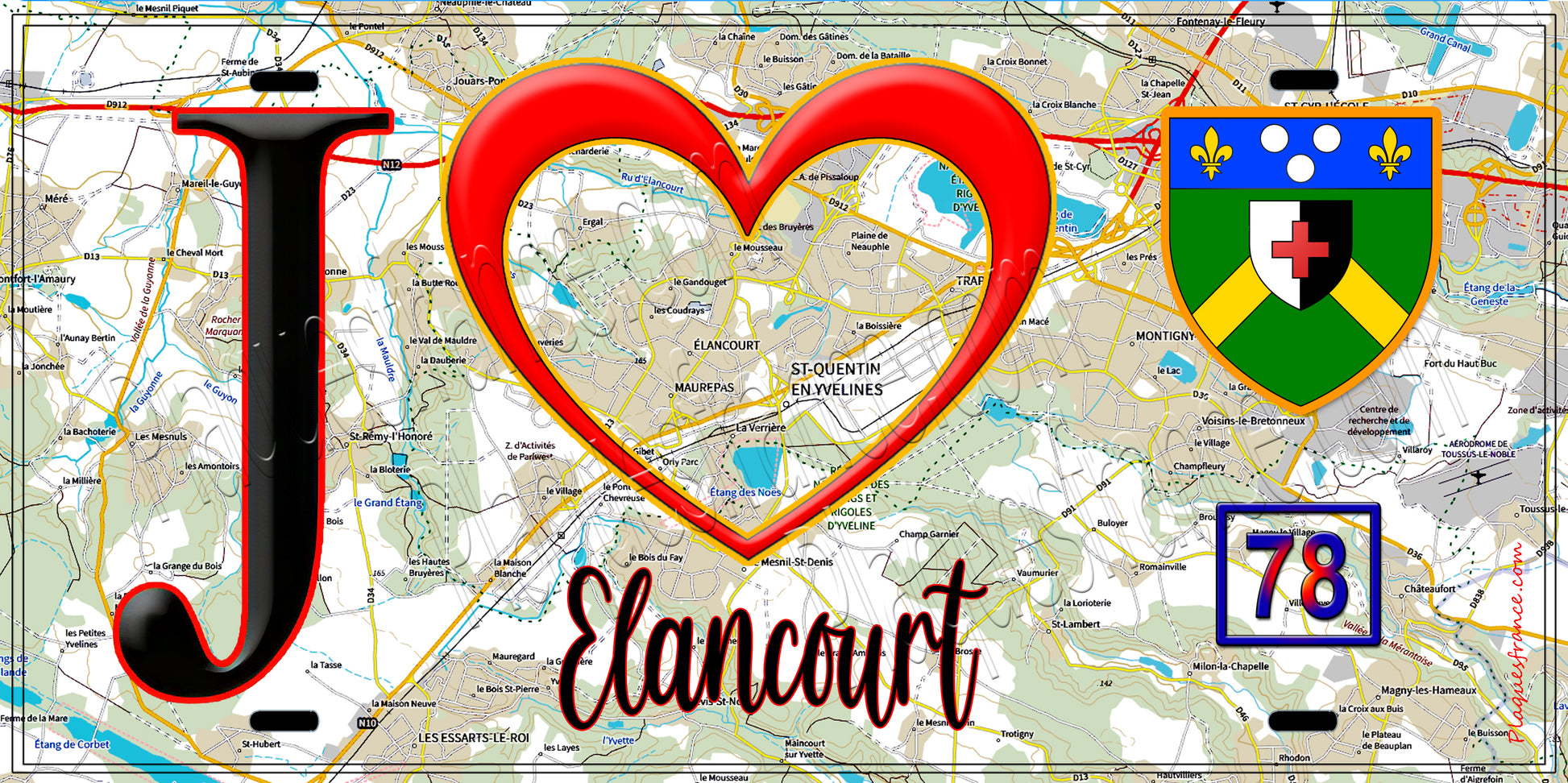 Plaque métal décorative  J' ❤️ Élancourt, Yvelines (78) carte