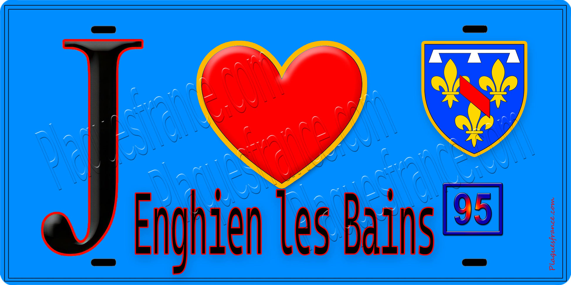 Plaque métal décorative  J' ❤️Enghien-les-Bains, Val d'Oise (95) fond bleu