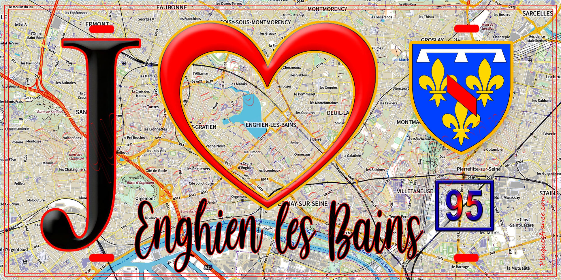 Plaque métal décorative  J' ❤️Enghien-les-Bains, Val d'Oise (95) fond cate