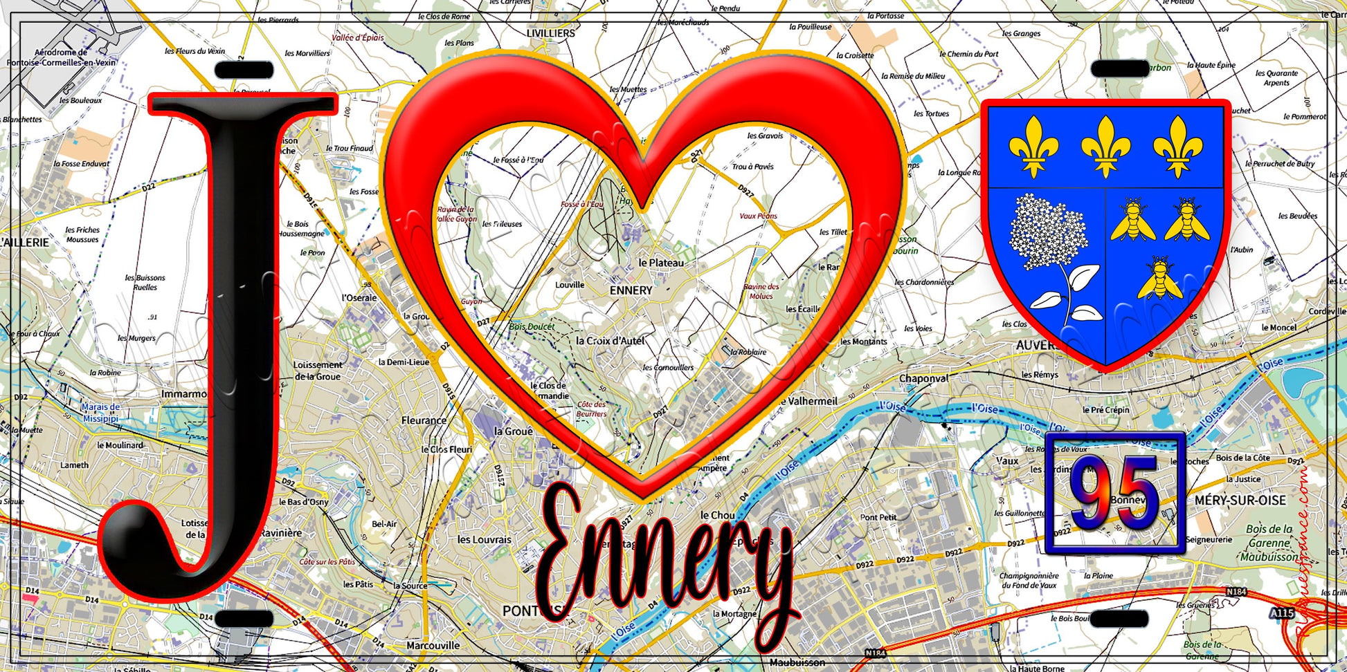 Plaque métal décorative  J' ❤️Ennery, Val d'Oise (95) fond carte