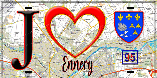 Plaque métal décorative  J' ❤️Ennery, Val d'Oise (95) fond carte