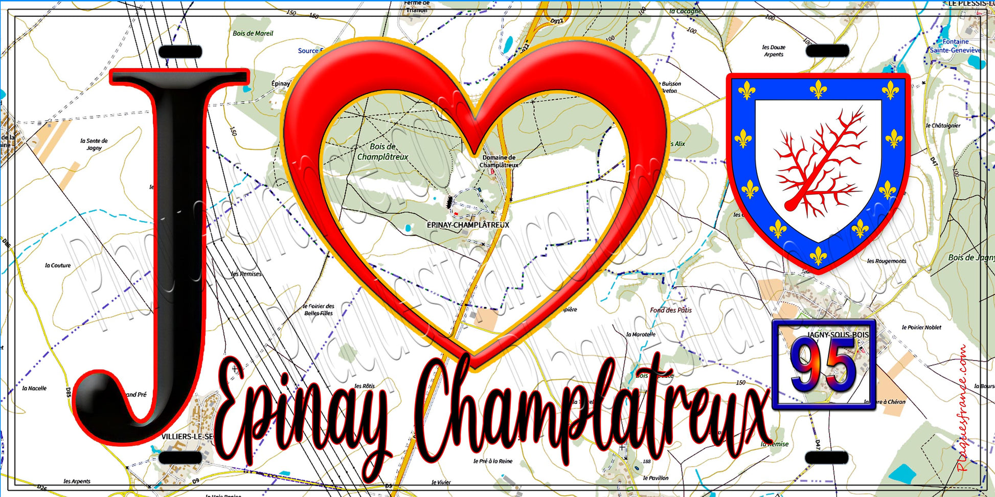 Plaque métal décorative  J' ❤️Épinay-Champlâtreux, Val d'Oise (95) fond carte