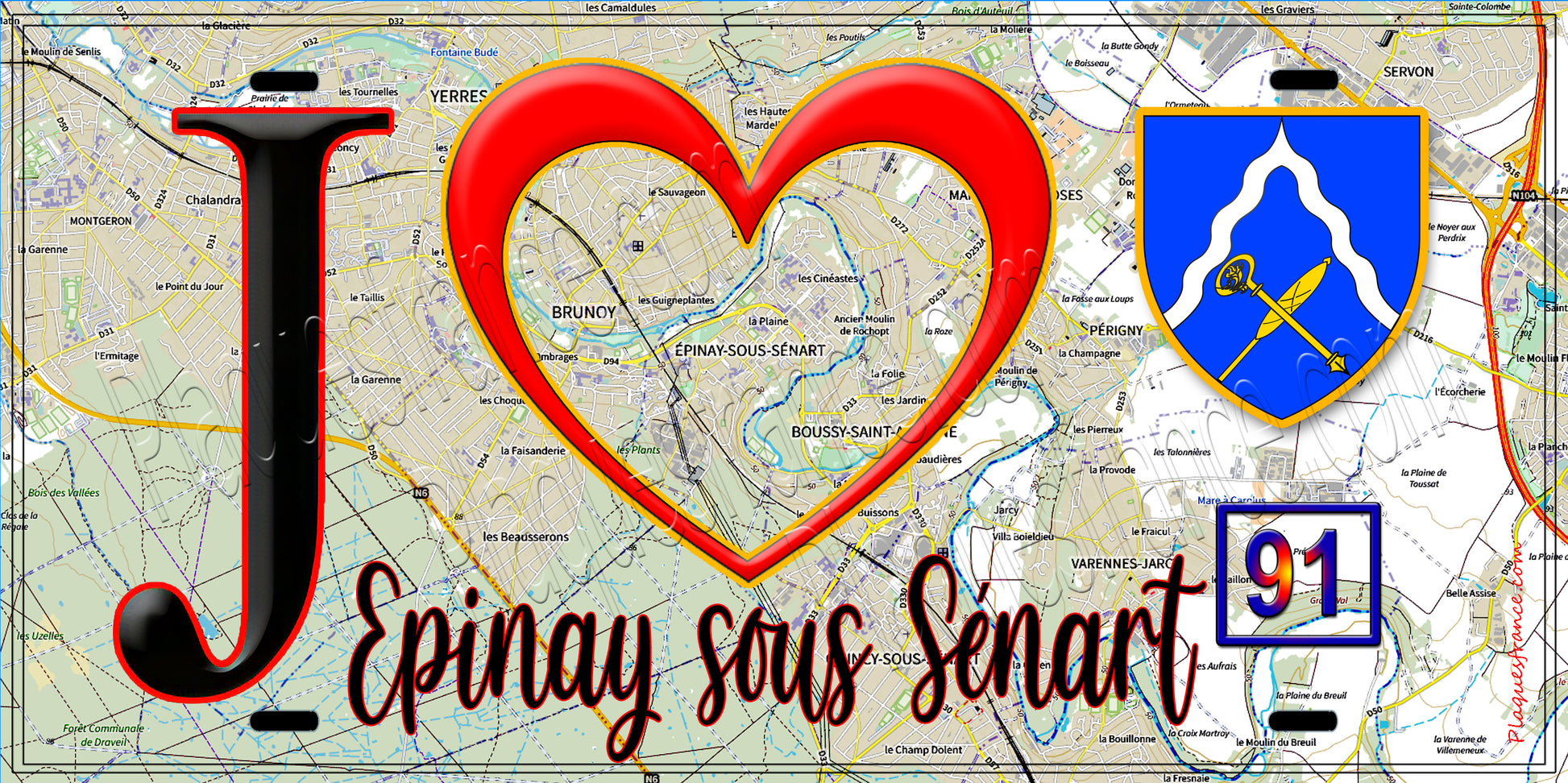 Plaque métal décorative  J' ❤️Épinay-sous-Sénart, Essonne (91) fond carte