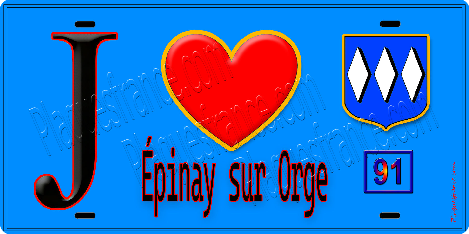 Plaque métal décorative  J' ❤️Épinay-sur-Orge, Essonne (91) fond bleu