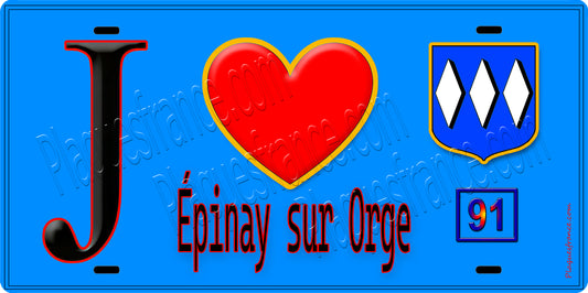 Plaque métal décorative  J' ❤️Épinay-sur-Orge, Essonne (91) fond bleu