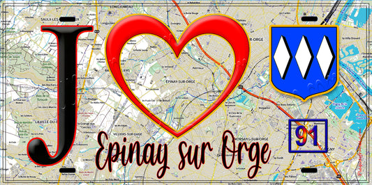 Plaque métal décorative  J' ❤️Épinay-sur-Orge, Essonne (91) fond carte