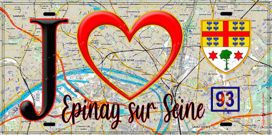 Plaque métal décorative  J' ❤️Épinay-sur-Seine, Seine Saint Denis (93) fond carte