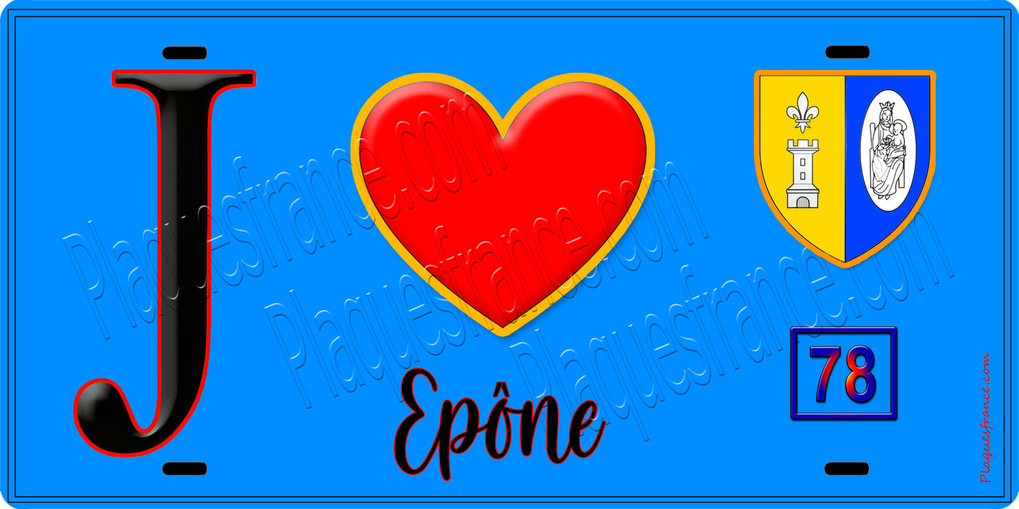 Plaque métal décorative  J' ❤️ Épône, Yvelines (78) fond beu