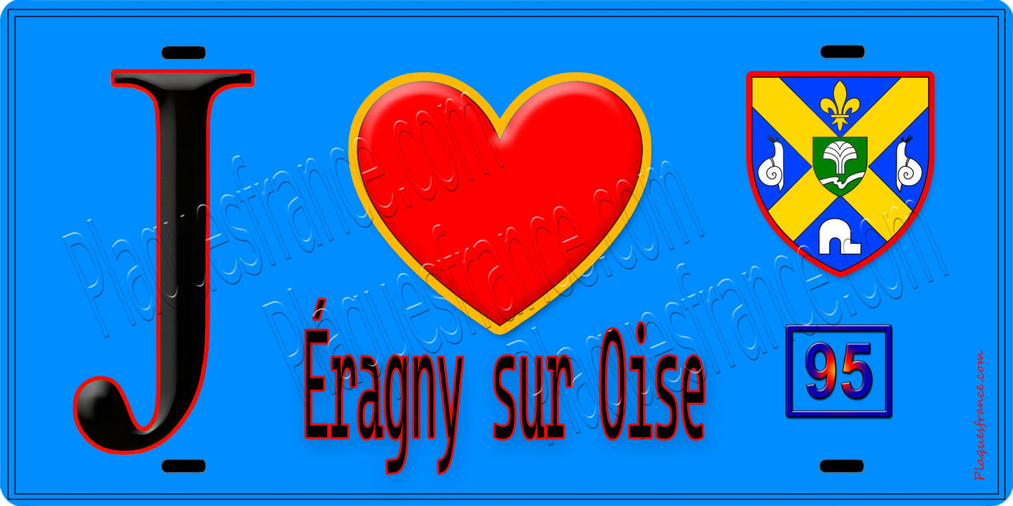 Plaque métal décorative  J' ❤️Éragny-sur-Oise, Val d'Oise (95) fond bleu