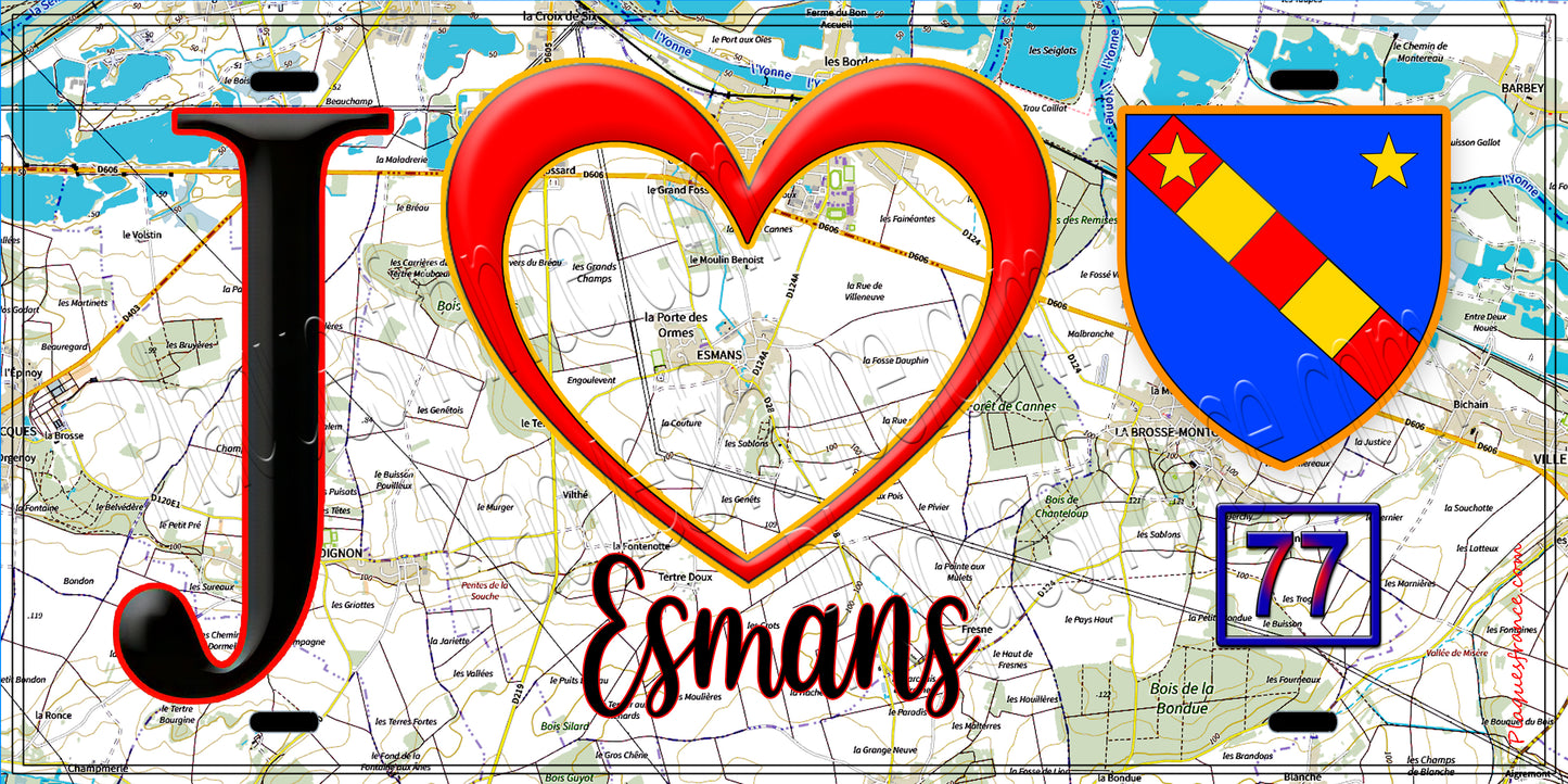 Plaque métal décorative  J' ❤️Esmans, Seine et Marne (77) fond cate