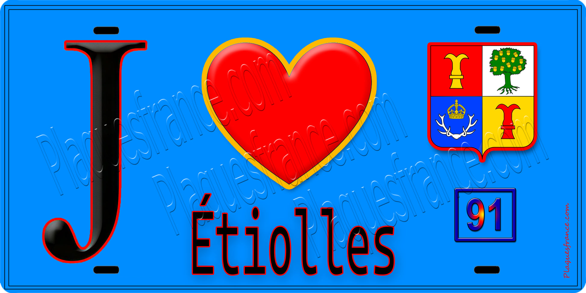 Plaque métal décorative  J' ❤️Étiolles, Essonne (91) fond bleu