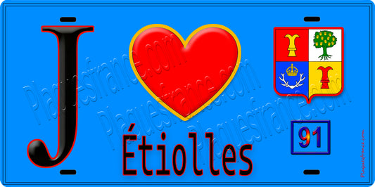 Plaque métal décorative  J' ❤️Étiolles, Essonne (91) fond bleu