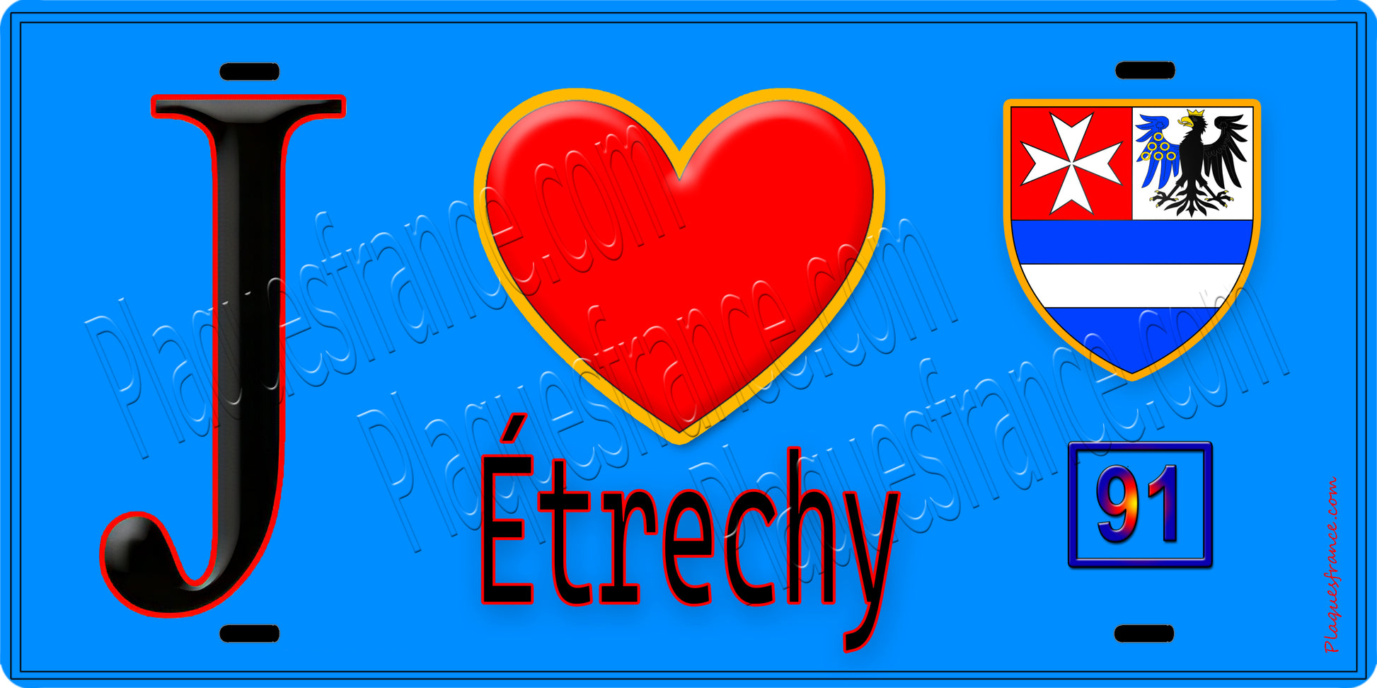 Plaque métal décorative  J' ❤️Étréchy, Essonne (91) fond bleu