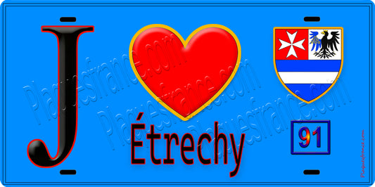 Plaque métal décorative  J' ❤️Étréchy, Essonne (91) fond bleu