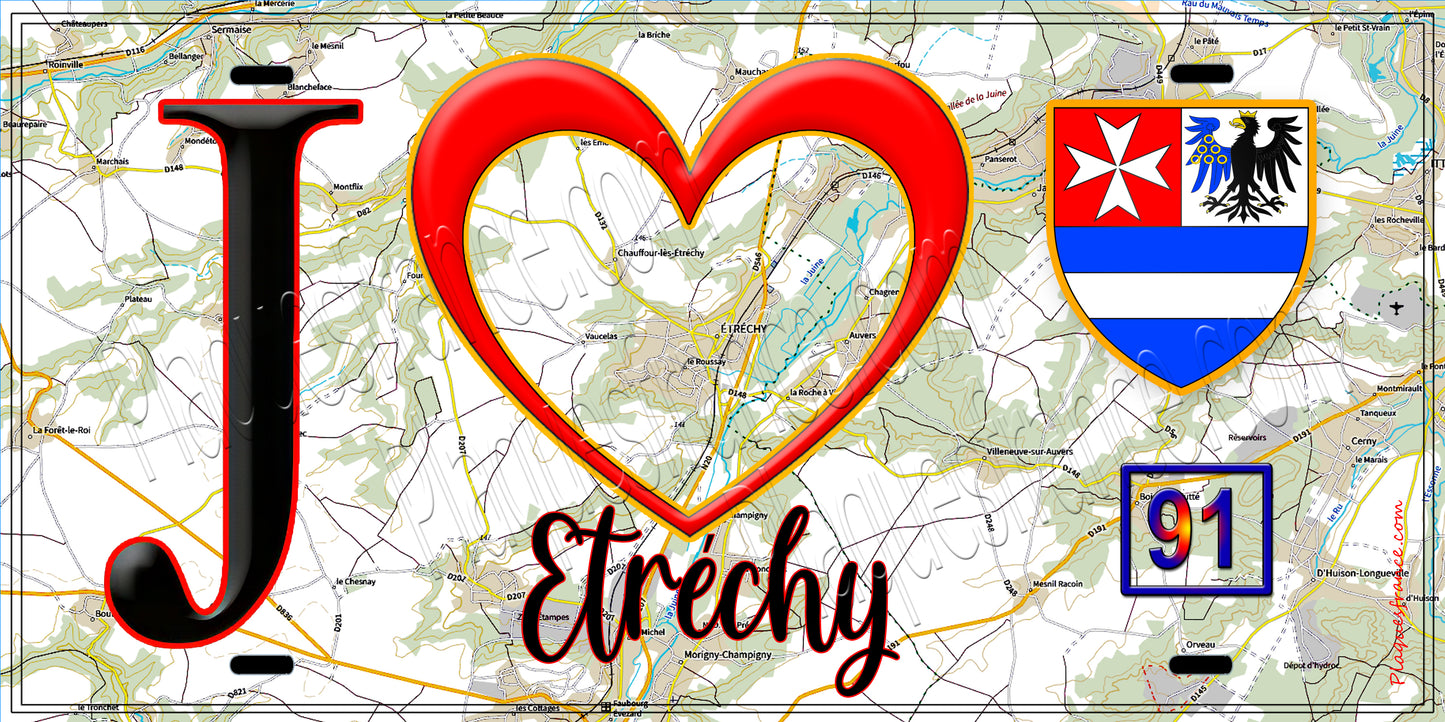 Plaque métal décorative  J' ❤️Étréchy, Essonne (91) fond carte