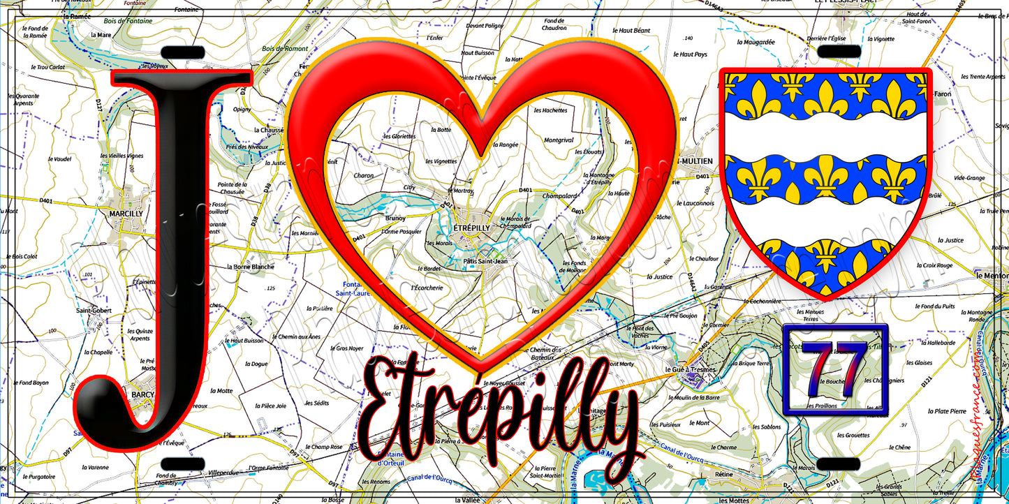 Plaque métal décorative  J' ❤️Étrépilly, Seine et Marne (77) fond carte
