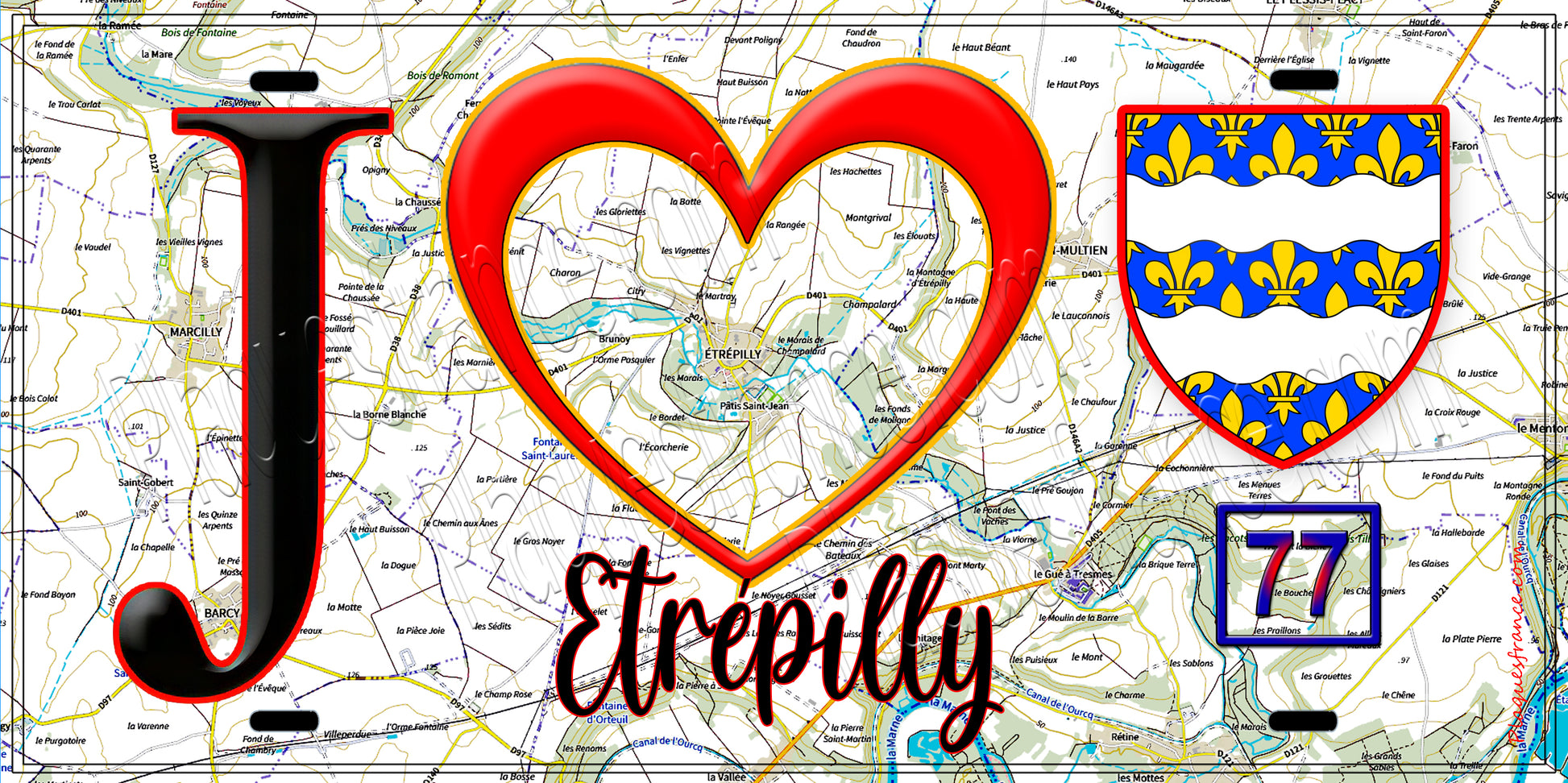Plaque métal décorative  J' ❤️Étrépilly, Seine et Marne (77) fond carte