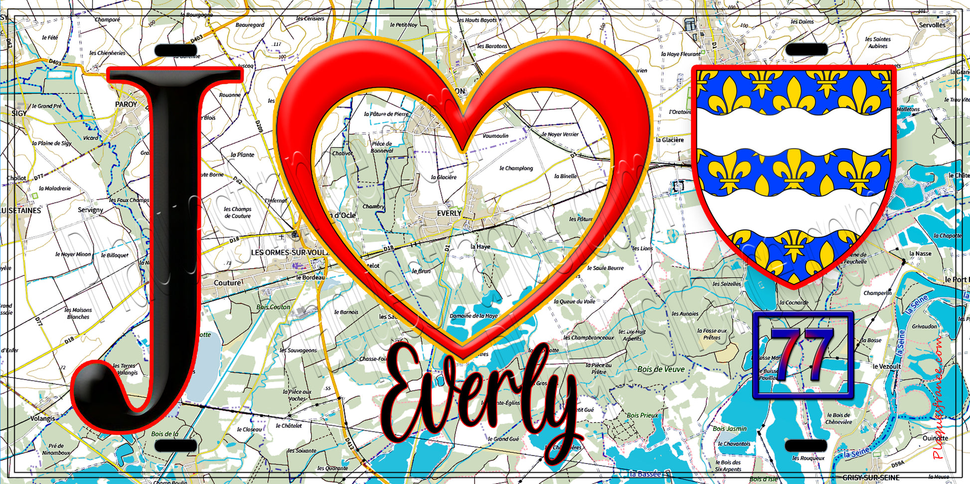 Plaque métal décorative  J' ❤️Everly, Seine et Marne (77) fond carte