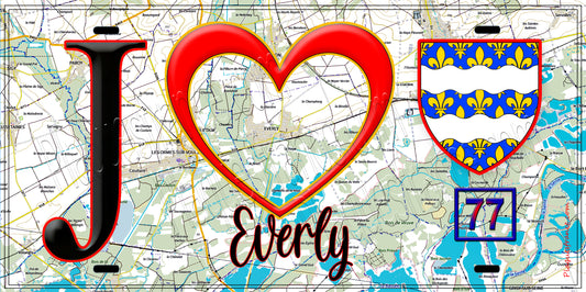 Plaque métal décorative  J' ❤️Everly, Seine et Marne (77) fond carte