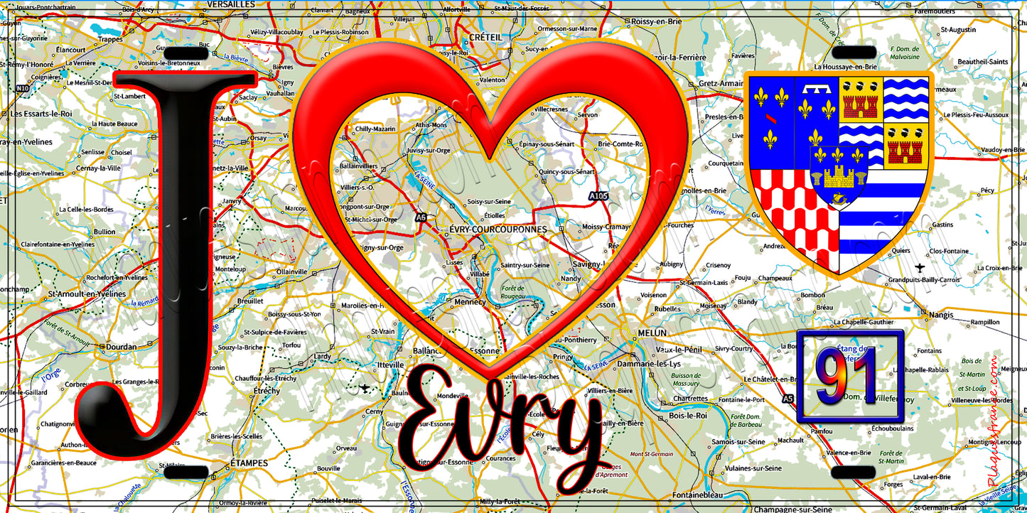Plaque métal décorative  J' ❤️Evry, Essonne (91)